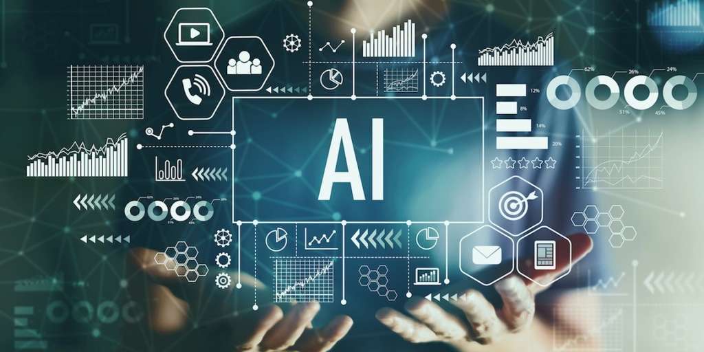 Front view of person with outstretched hands and transparent visualisations of Artificial Intelligence symbols, graphs and charts rising from hands