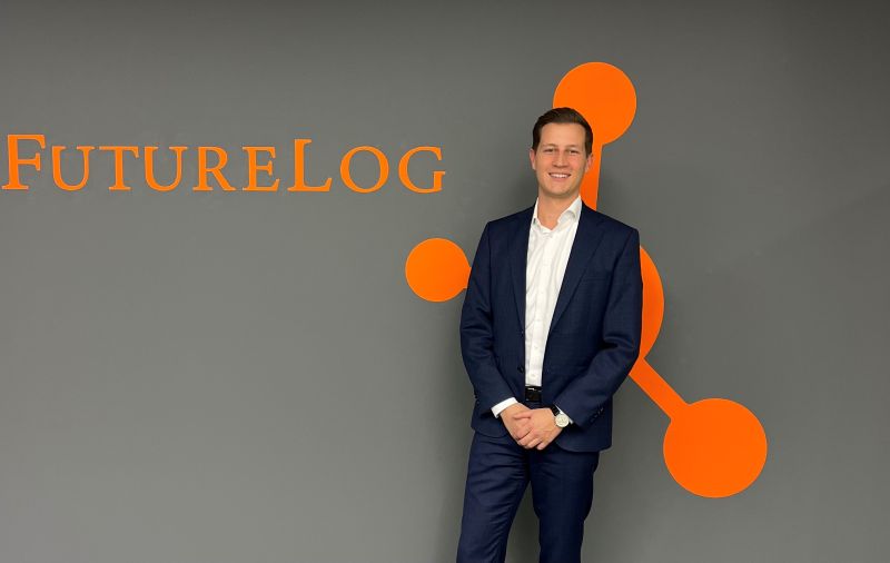 Johannes Vocke, Chief Financial Officer at FutureLog, standing in the Böblingen office reception area